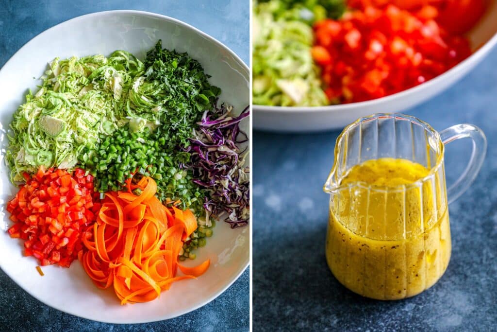 Steps for making brussels sprout coleslaw and dressing