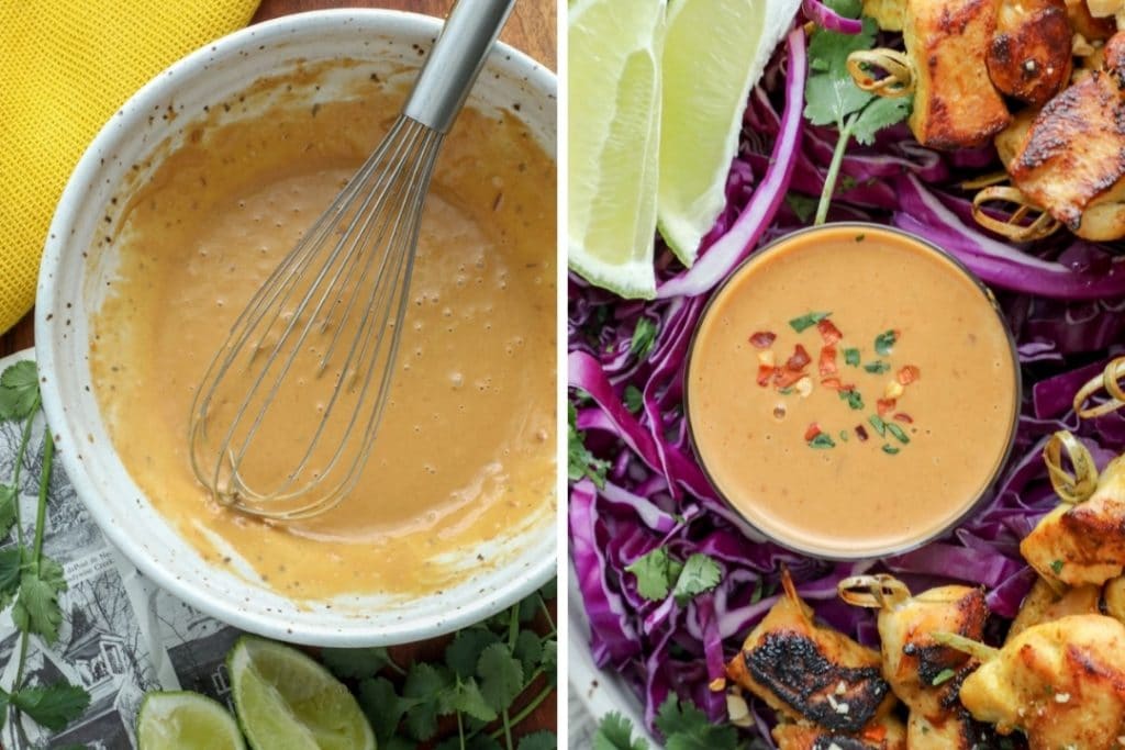 Thai chicken satay peanut sauce made in a bowl then shown in the decorative jar for dipping.