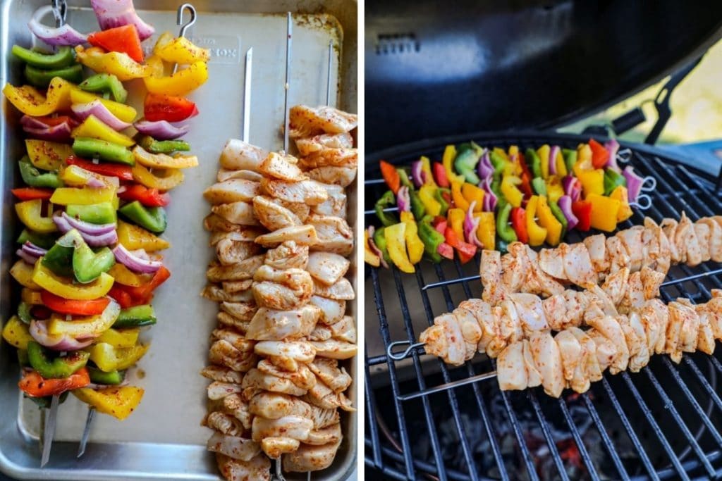 Grilled Chili Lime Chicken Fajita kebobs and on the grill.