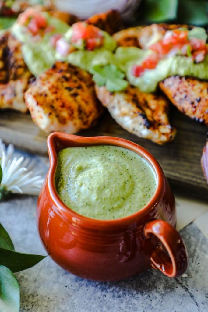 Poblano sauce in a gravy boat