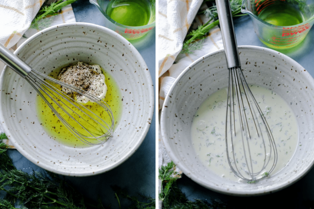 Dill Pickle Coleslaw dressing mixed in a bowl