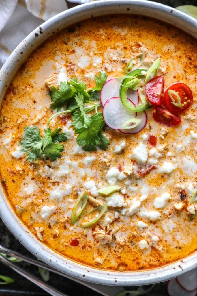 Keto White Chicken Chili in a bowl