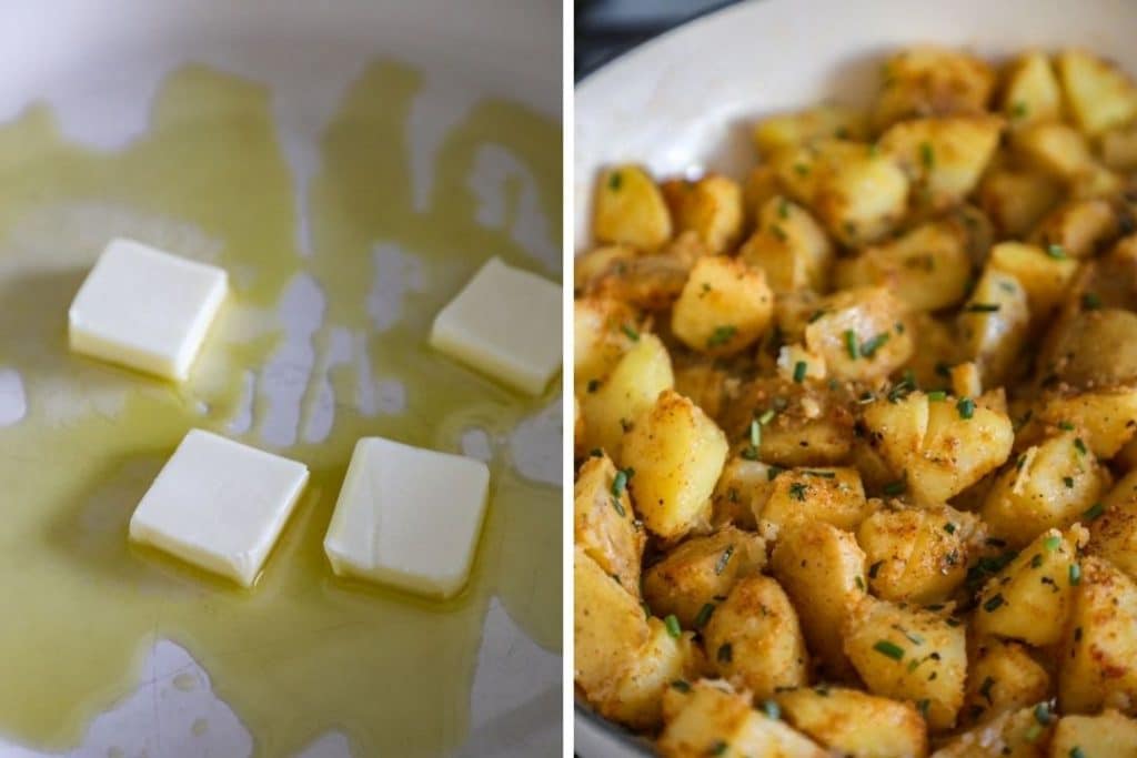 Melting butter in a pan and roasting the potatoes halfway