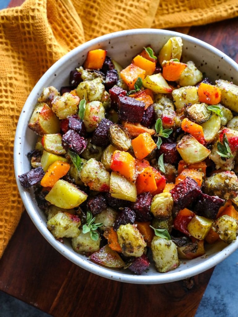 Cauliflower Gnocchi with Roasted Fall Vegetables in a serving bowl