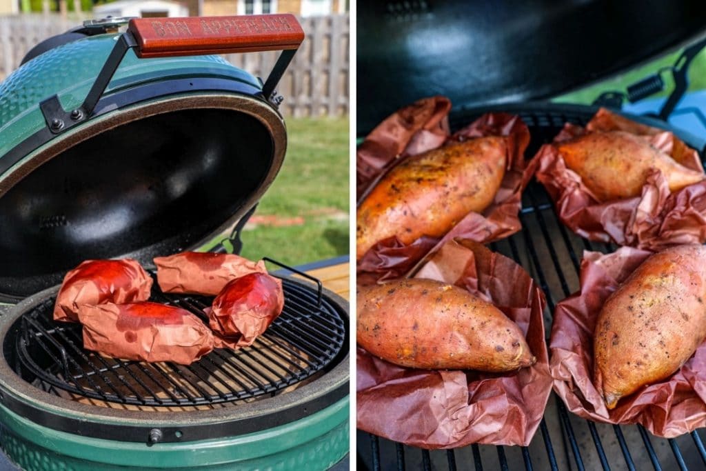 Placing the sweet potatoes on the smoker
