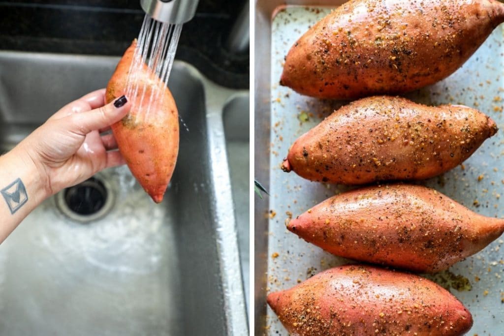 Washing and prepping the sweet potatoes