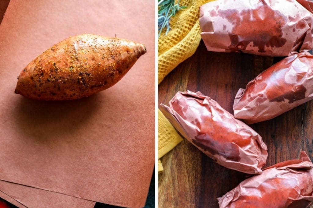 Wrapping the sweet potatoes in butcher paper