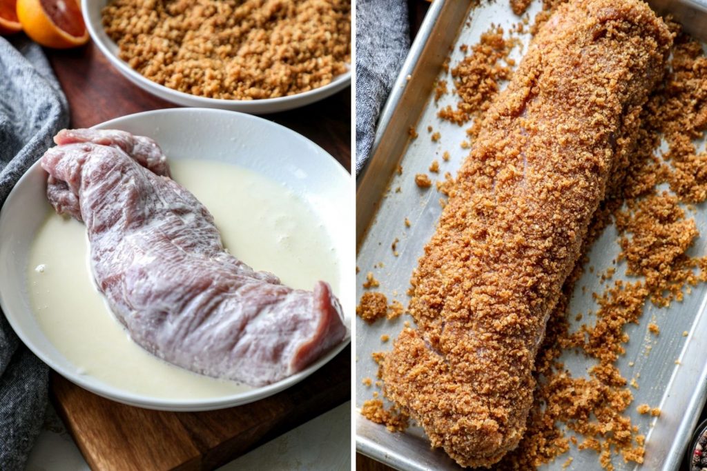 Dredging the pork tenderloin into the onion crumbs