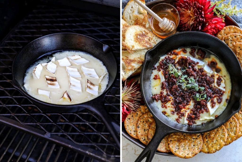 Melted brie cheese on the smoker and topped with chorizo