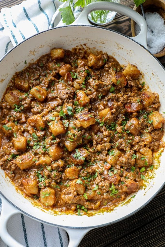 Cauliflower gnocchi cheeseburger skillet