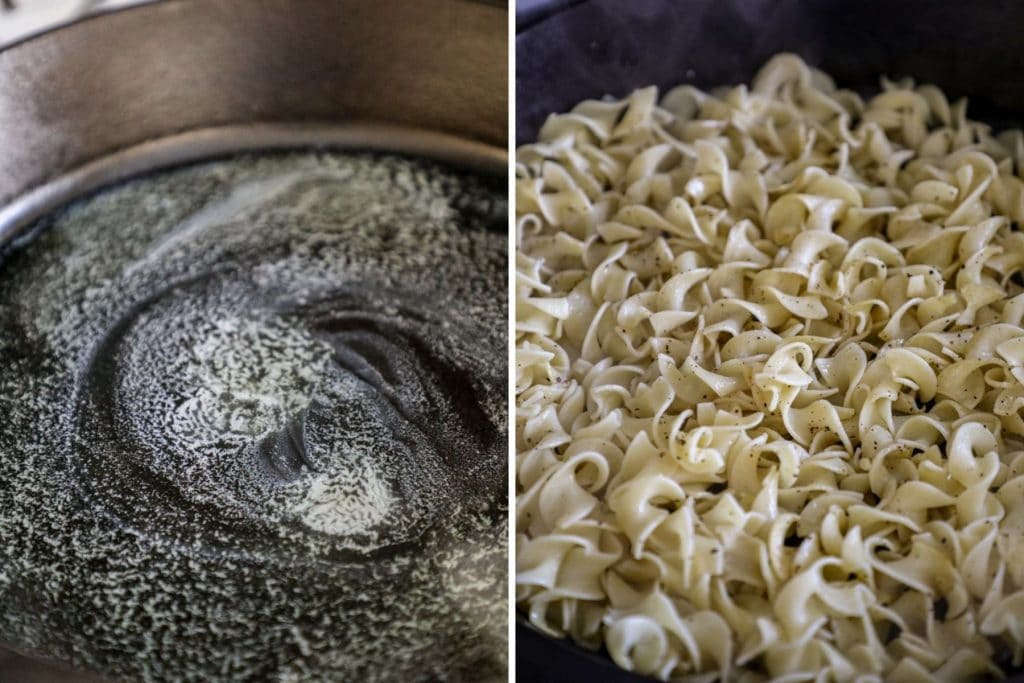 Pan frying the egg noodles in a cast iron pan