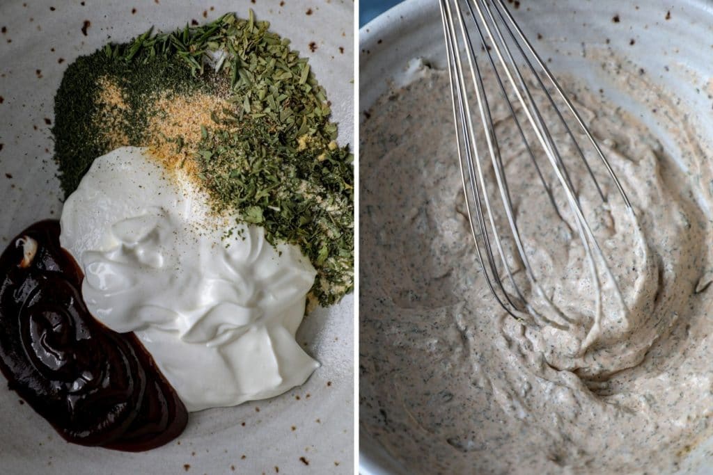 Combing the BBQ ranch dressing ingredients in a bowl