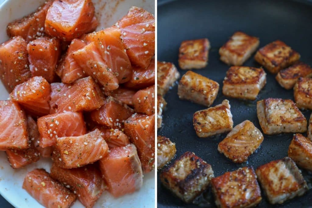 Prepping and cooking the salmon for stir fry