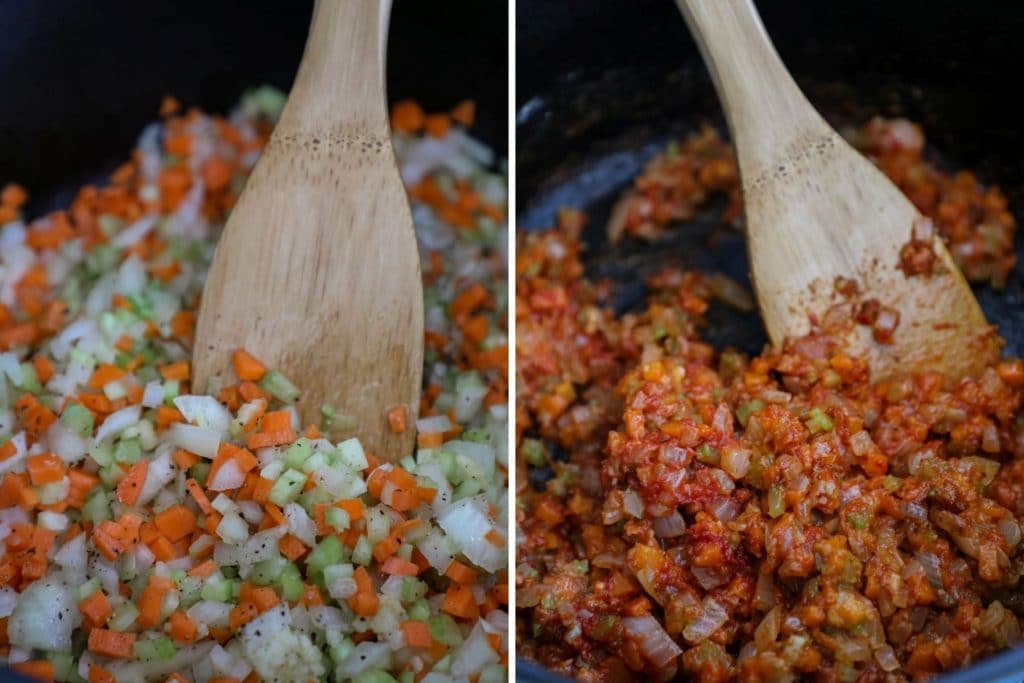 Cooking the mirepoix and making your roux for the bisque
