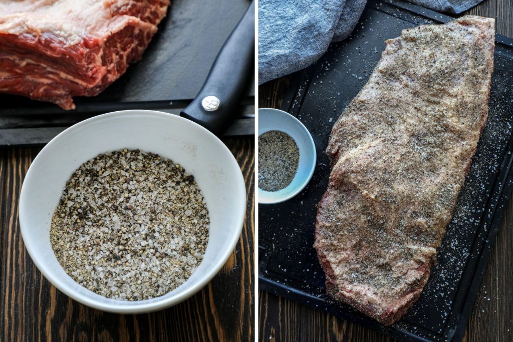 Seasoning the whole brisket with a salt and pepper dry rub