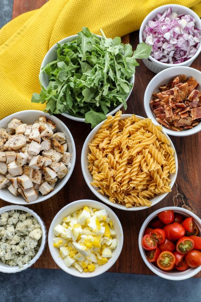 California Cobb Pasta Salad ingredients on a table 