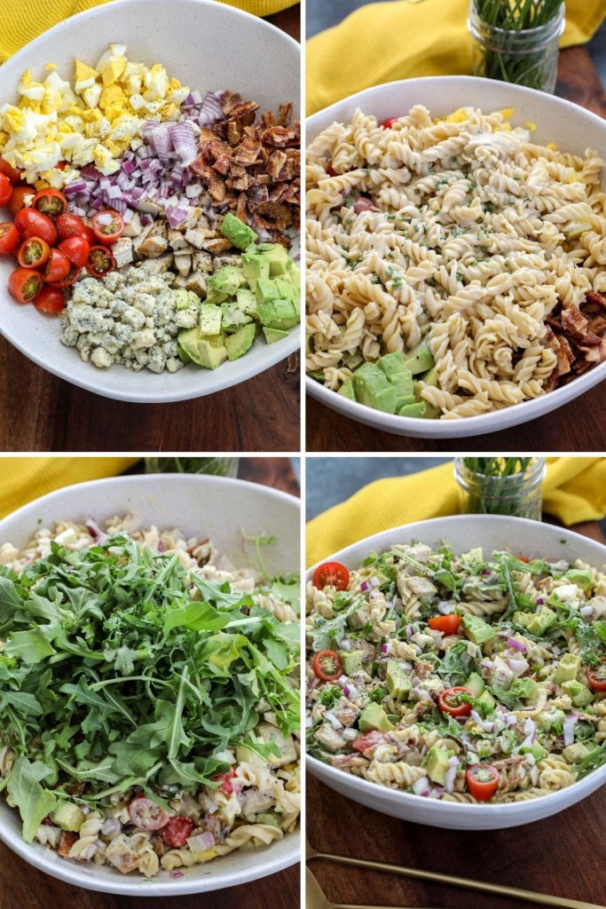 Cobb pasta salad steps for making and assembly