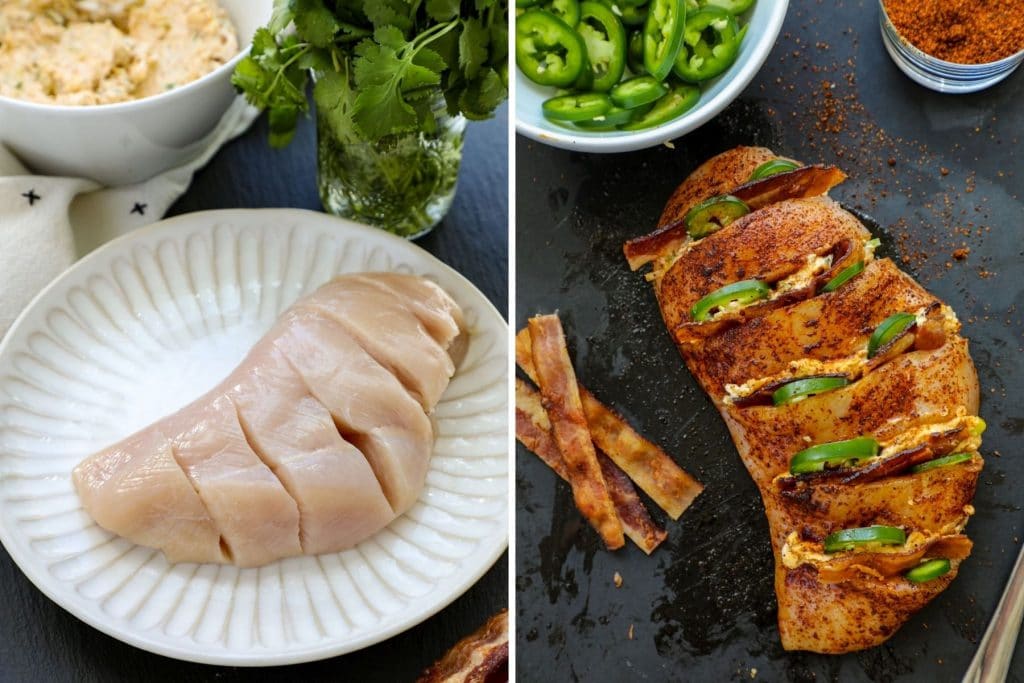 Slicing the hasselback chicken and stuffing it