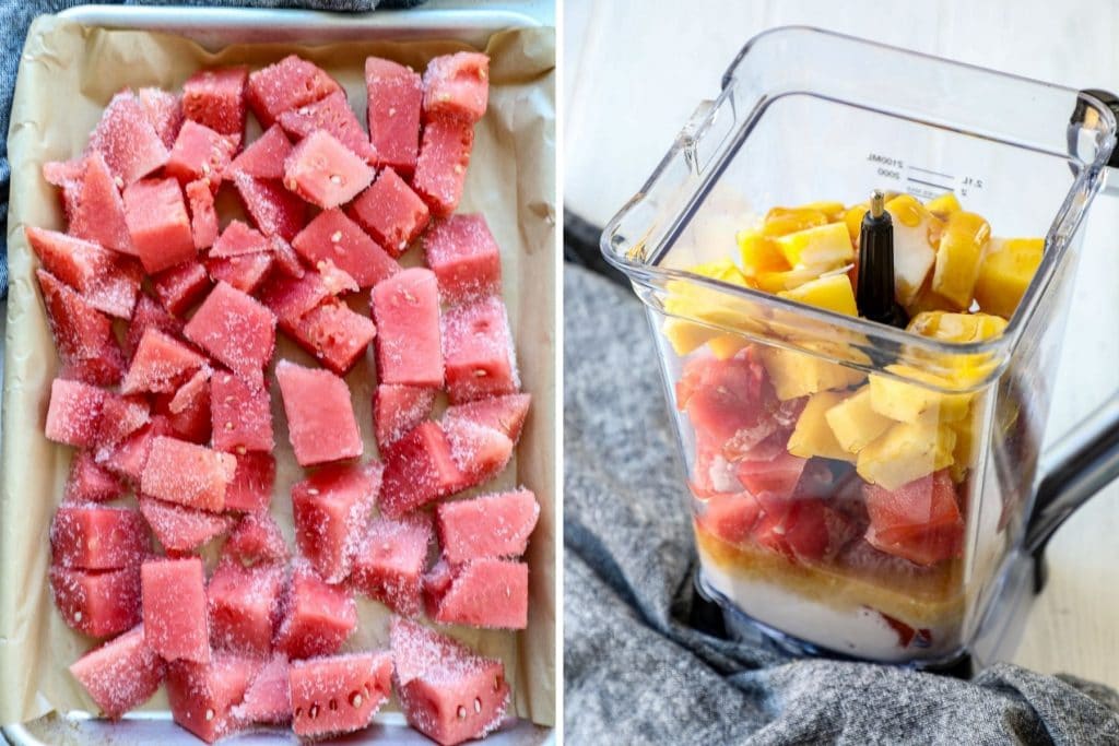 Frozen colada ingredients in a blender