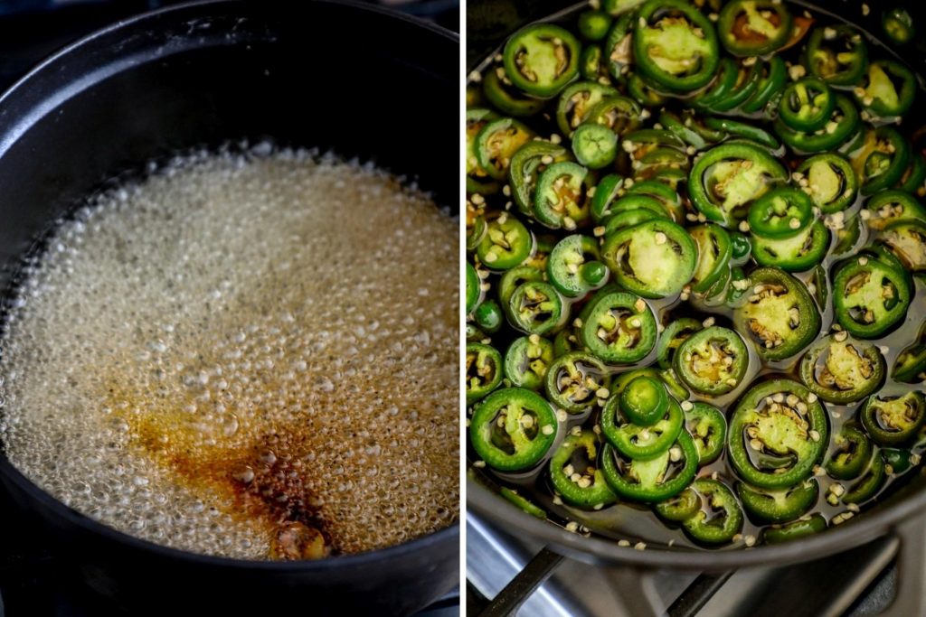 Simmering the jalapenos for small batch candied peppers