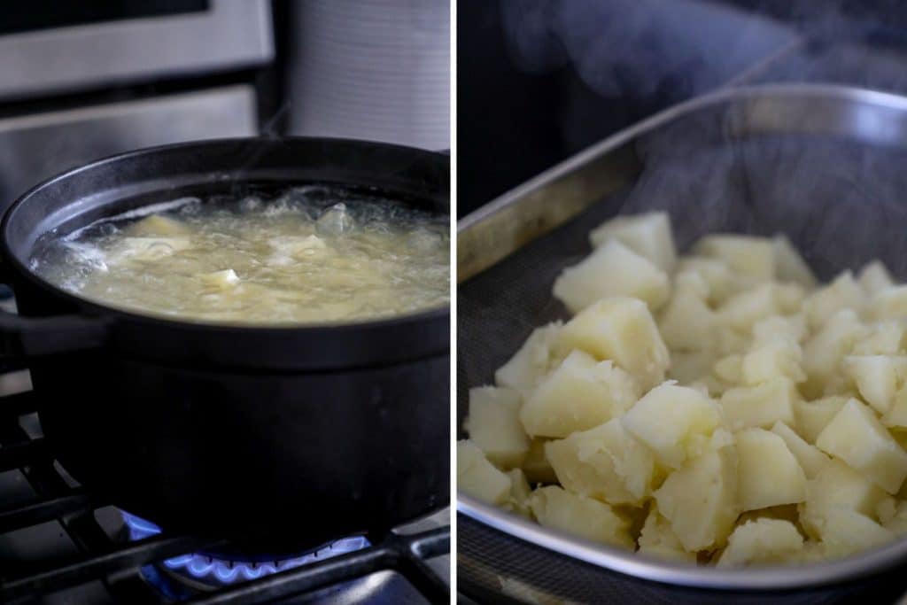 boiling and straining the potatoes