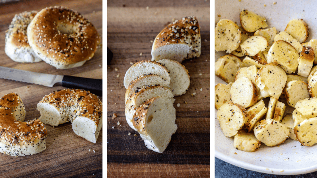 Slicing the everything bagels into chips and tossing in oil