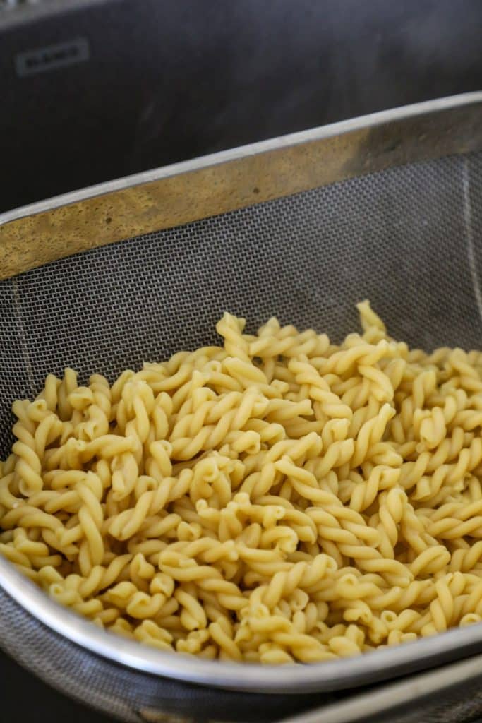 Pasta drained in a colander for pasta salad