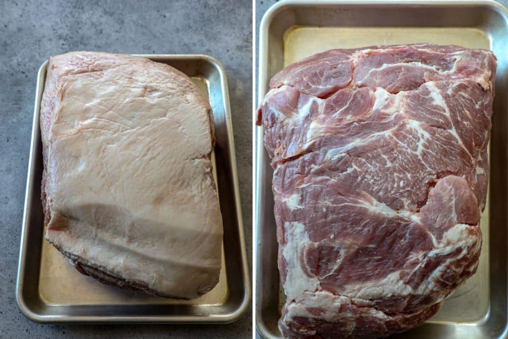 A raw pork shoulder prepped for mojo pork