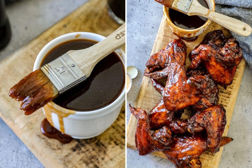 Guinness BBQ sauce in a white bowl and on chicken wings