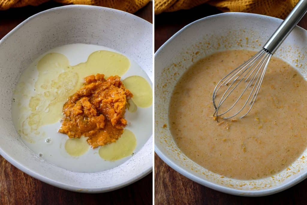 Mixing the wet ingredients together for baked sweet potato oats