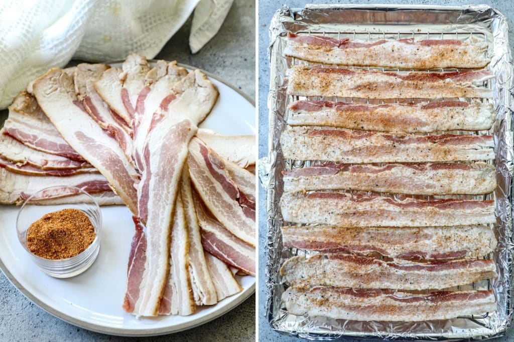 Raw bacon prepped for smoking on the pellet grill