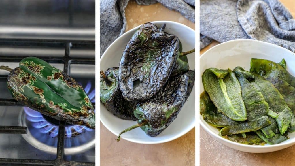 poblanos being roasted and peeled