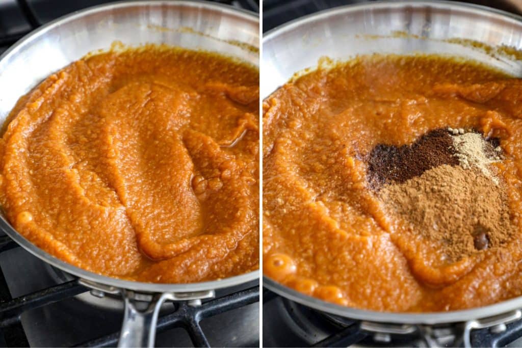 Side by side photos of steps to make pumpkin butter.