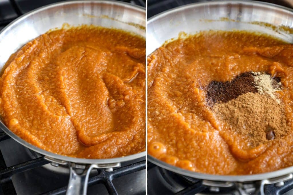 Side by side photos of steps to make pumpkin butter. 