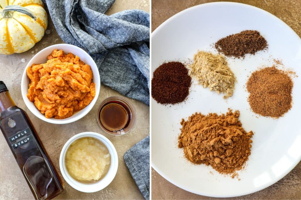 Side by side photos of ingredients used for maple pumpkin butter. 