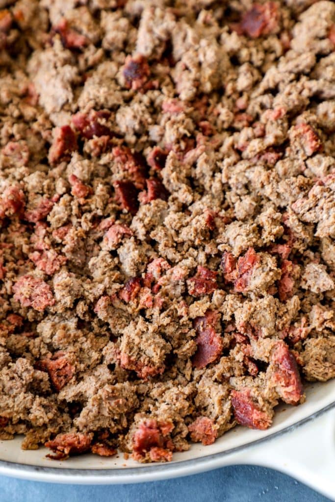 Broken up pieces of the smoke ground beef used in over the top chili 