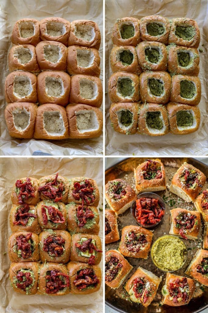 Steps for making stuffed brie sliders with pesto and sundried tomatoes