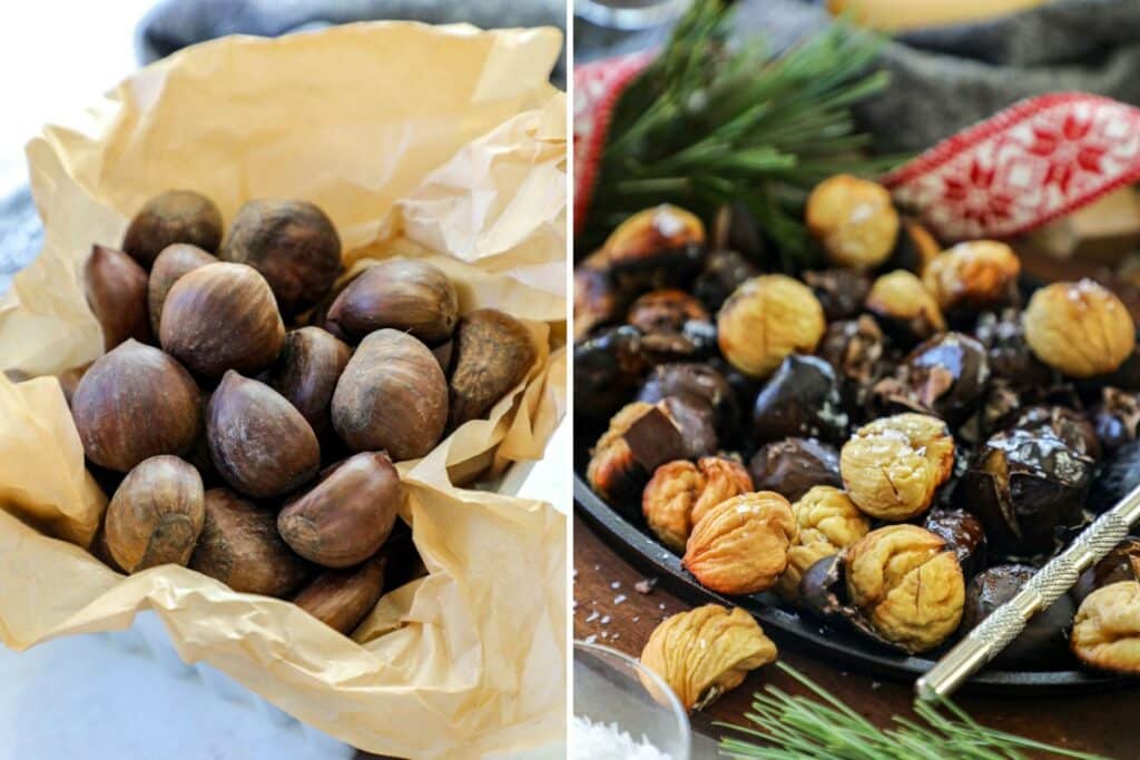 Left photo of raw chestnuts and right photo of roasted, peeled chestnuts. 