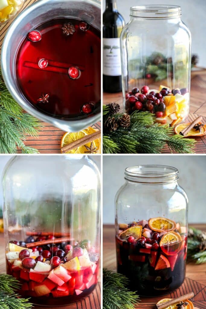 Steps for making easy cranberry sangria with side by side photos. 