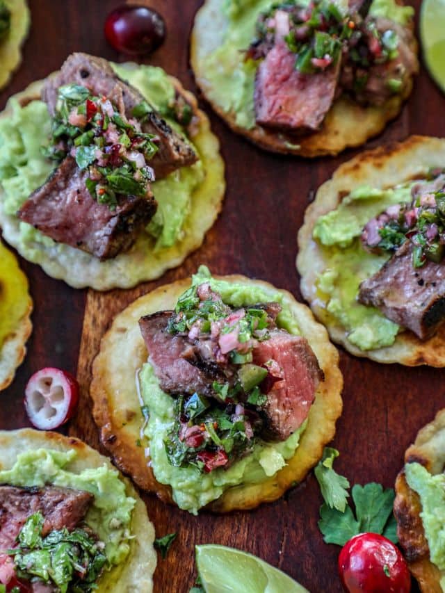 Steak with Cranberry Chimichurri Sauce on a crostini