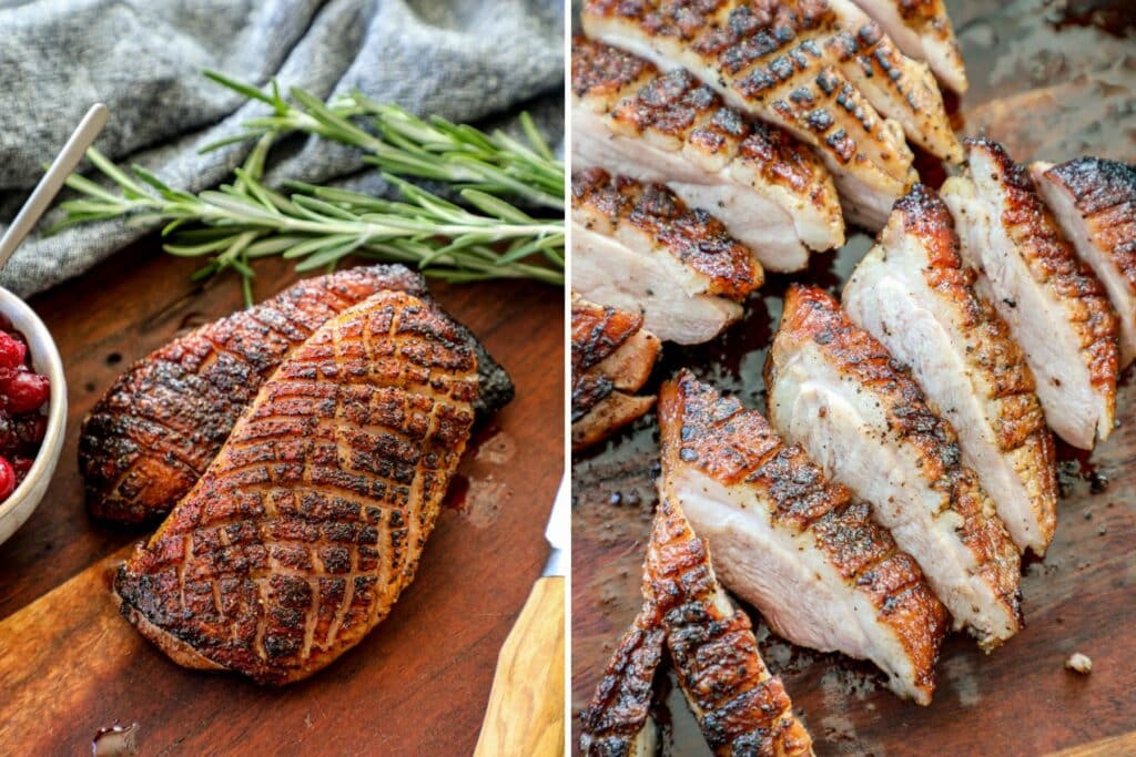 smoked duck breast on a cutting board