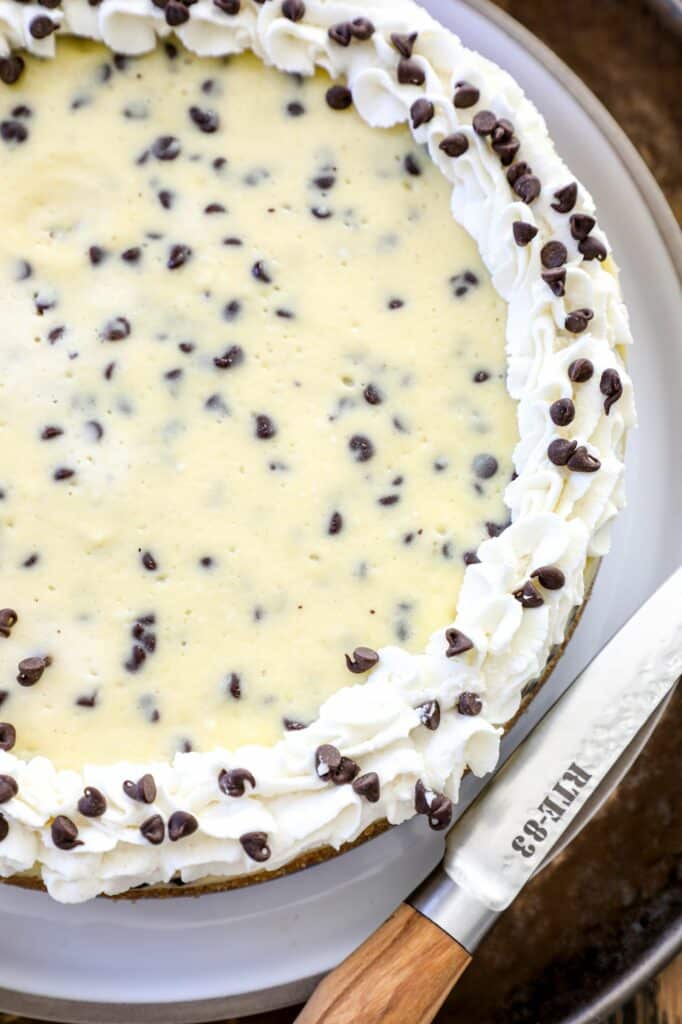 Chocolate chip cheesecake on a white serving platter with a knife. 