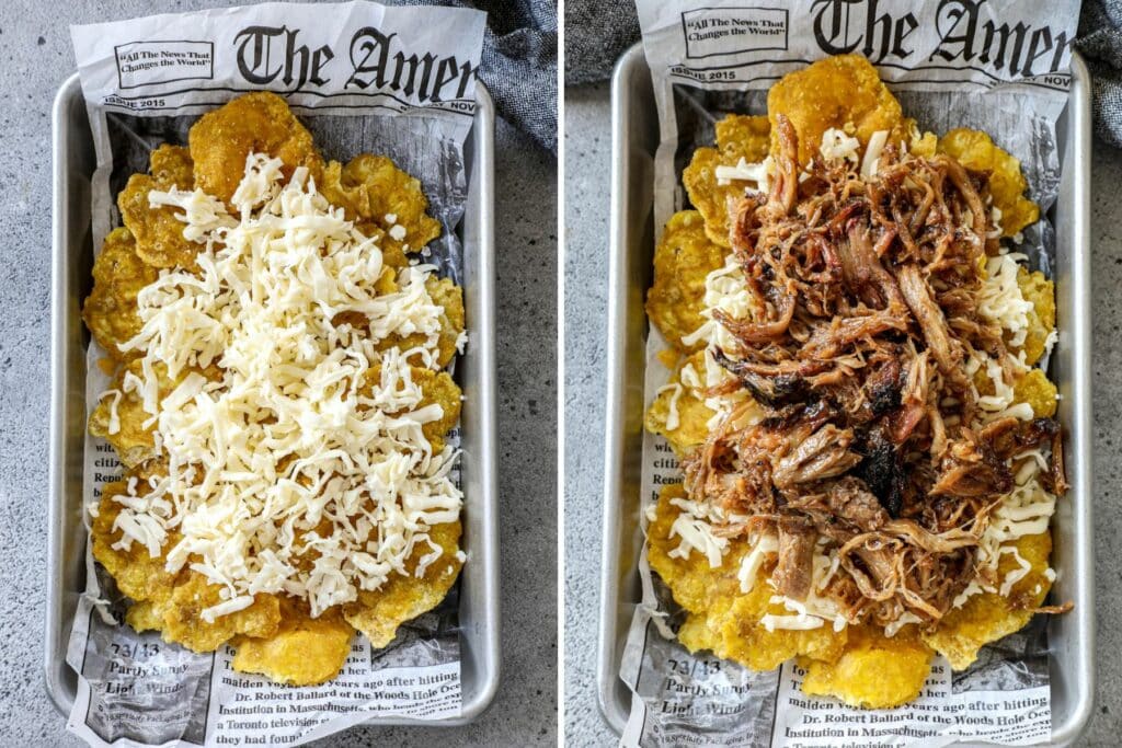 Smoked Pulled Pork Nachos Recipe layer 2- cheese and pork