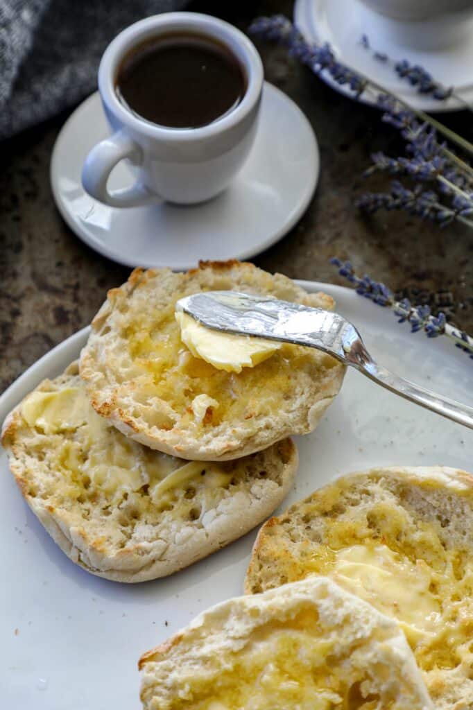 Butter spread on air fried English muffins