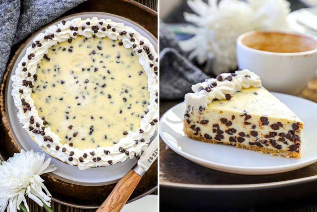 Side by side photos of chocolate chip cheesecake. 