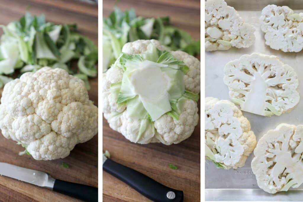 step by step directions on cutting cauliflower steaks.