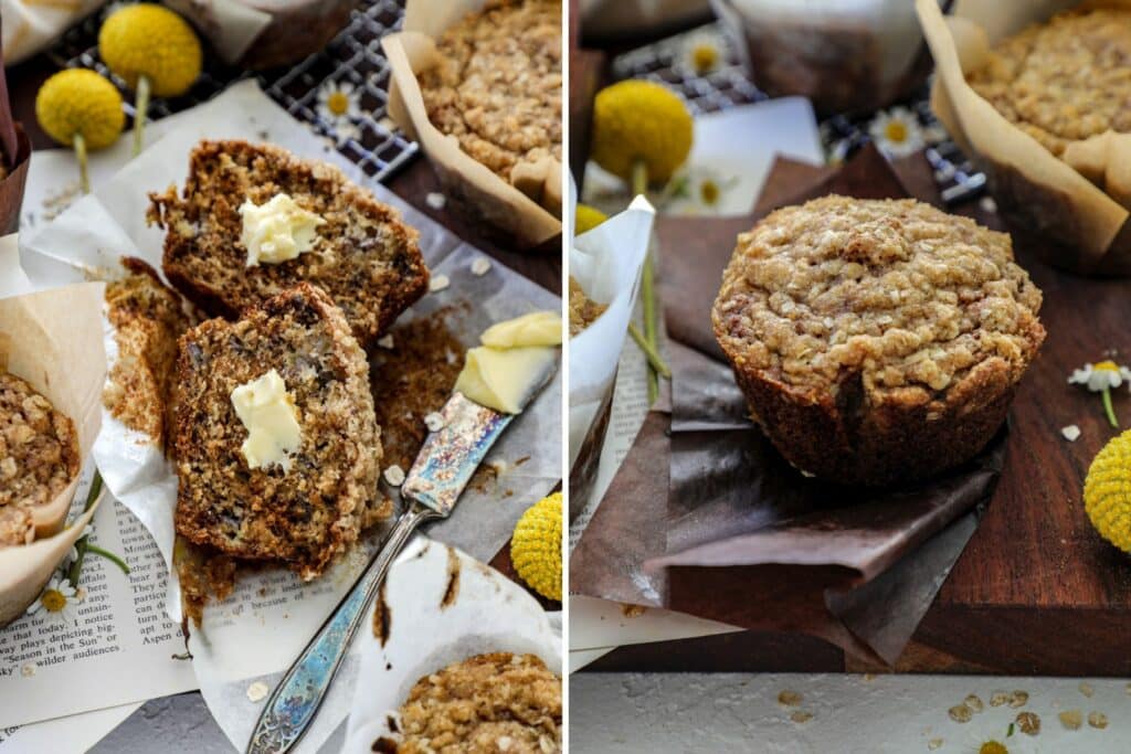 Two photos, left photo with banana muffin cut in half with butter on top and right photo of whole muffin. 