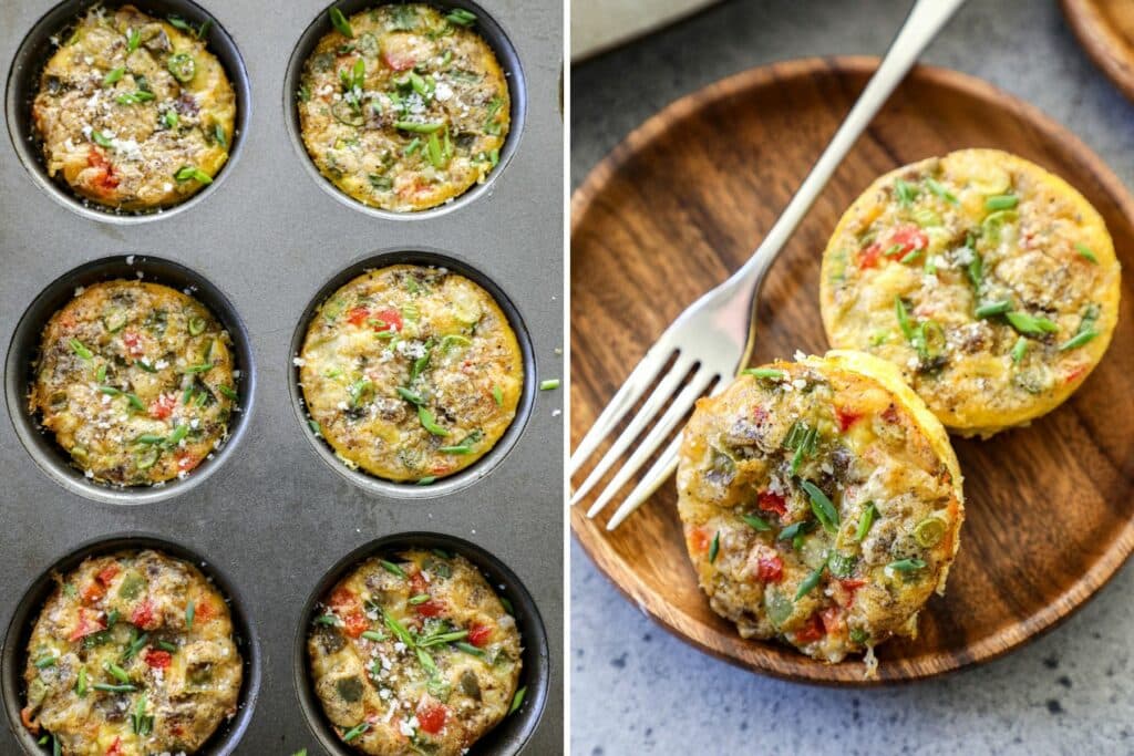 Photo on left of egg cups in the muffin tin and photo on right with egg cups on a wooden plate with a fork. 