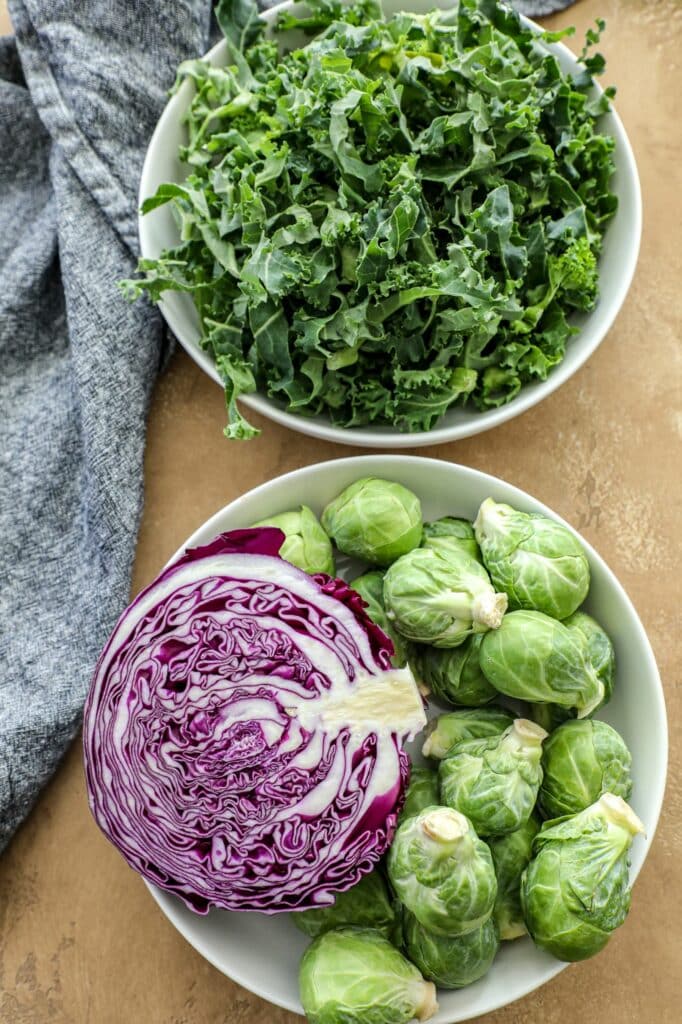 Kale, red cabbage, and brussels sprouts 