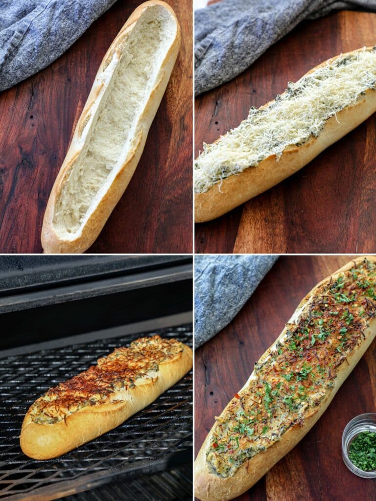 Smoked artichoke dip stuffed baguette